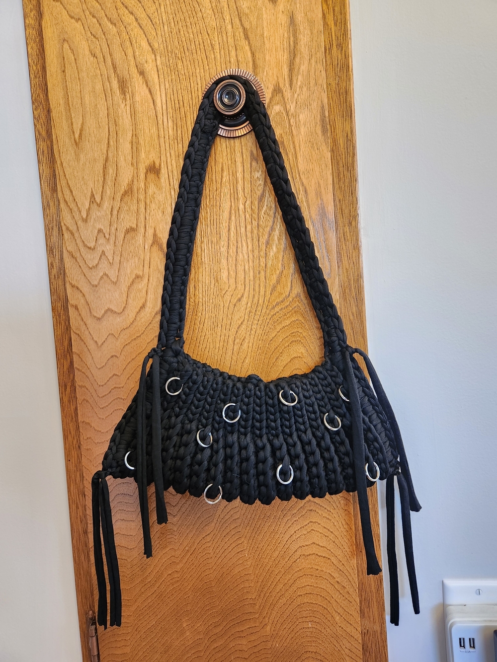 Crochet Handmade Black Ring-Detail Shoulder Bag